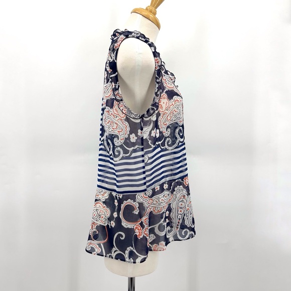 Cabi Peplum Blouse #5349, Mixed Print Semi-Transparent V-Neck Sleeveless Top, XS - Picture 11 of 16